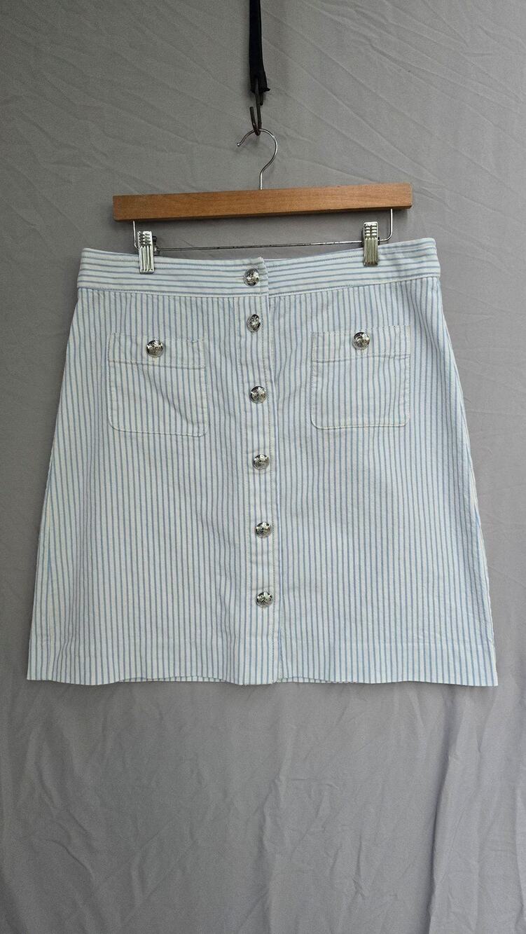 Talbots Skirt Womens 12 Blue Stripe Twill Button Front A Line Mini Pockets